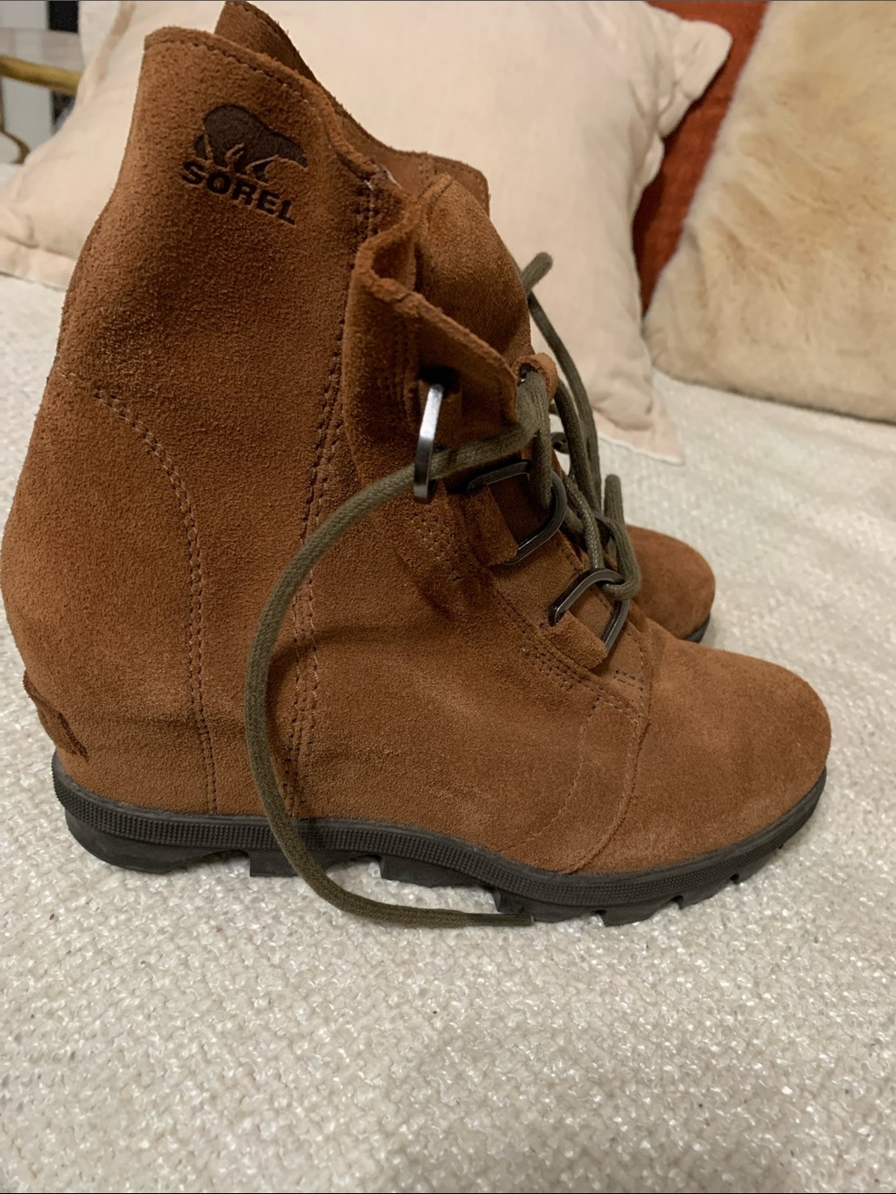 Sorel Chestnut Suede Wedge Lace-Up Booties
